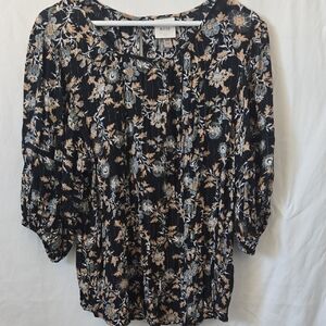 Knox Rose Navy Floral Flowy Boho Button Down Blouse Women's XXL 2X